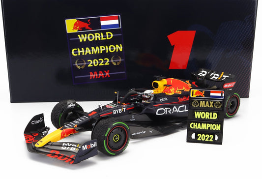 MINICHAMPS - 1/18 - RED BULL - F1 RB18 TEAM ORACLE RED BULL RACING N 1 WINNER JAPAN GP WITH PIT BOARD WORLD CHAMPION 2022 MAX VERSTAPPEN - MATT BLUE YELLOW RED