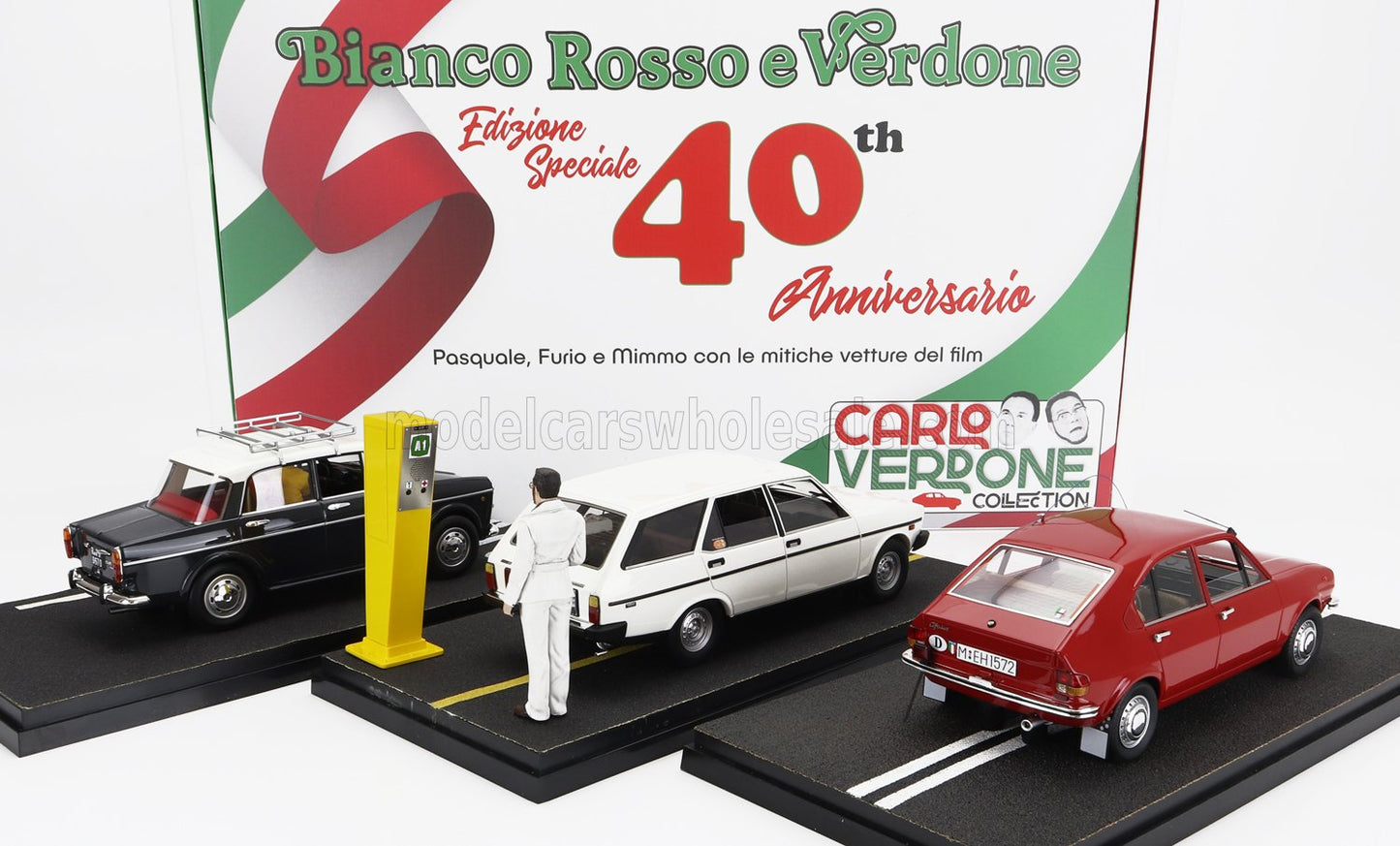 CLC-MODELS - FIAT - SET 3X CARLO VERDONE BIANCO ROSSO E VERDONE MOVIE WITH GADGET - 131 PANORAMA SW 1981 WITH FURIO ZOCCANO FIGURE AND SOS YELLOW COLUMN + 1100D WITH MIMMO FIGURE 1981 + ALFASUD WITH PASQUALE AMITRANO FIGURE 1981