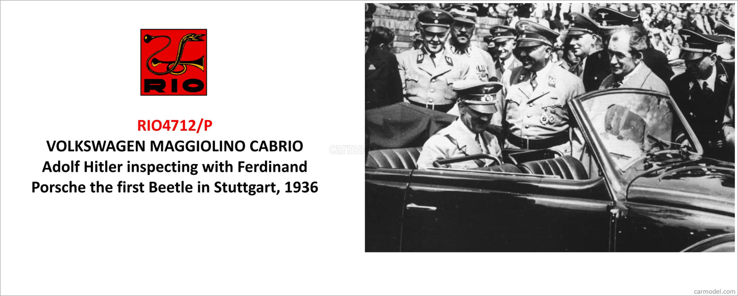 RIO-MODELS - 1/43 - VOLKSWAGEN - BEETLE MAGGIOLINO CABRIOLET OPEN WITH HITLER AND PORSCHE FIGURES 1936 - INSPECTING THE FIRST BEETLE IN STUTTGART - BLACK