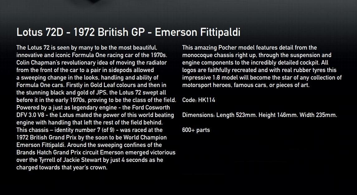 POCHER - 1/8 - LOTUS - F1 72D FORD JPS N 32 WORLD CHAMPION WINNER BRITISH GP 1972 EMERSON FITTIPALDI - BLACK