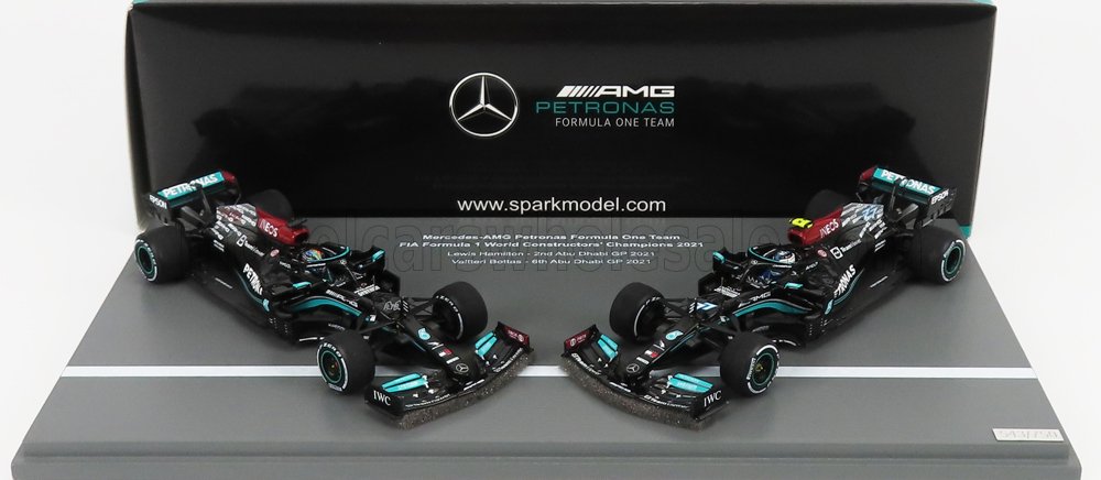 SPARK-MODEL - MERCEDES GP - SET F1 2X W12 MERCEDES M12 EQ POWER+ TEAM AMG PETRONAS MOTORSPORT FORMULA ONE N 44 + N 77 ABU DHABI GP 2021 LEWIS HAMILTON - VALTTERI BOTTAS - 8 TIMES WORLD CHAMPION CONSTRUCTEUR