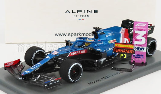 SPARK-MODEL - 1/43 - RENAULT - F1 A521 RENAULT E-TECH 20B TEAM ALPINE N 14 3rd QATAR GP 2021  - WITH PIT BOARD - FERNANDO ALONSO - BLUE MET RED WHITE