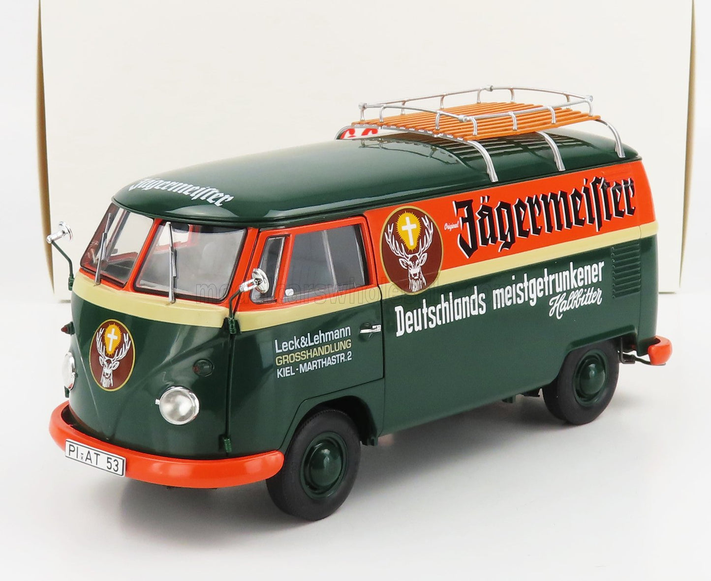 SCHUCO - 1/18 - VOLKSWAGEN - T1 VAN JAGERMEISTER 1963 - GREEN ORANGE