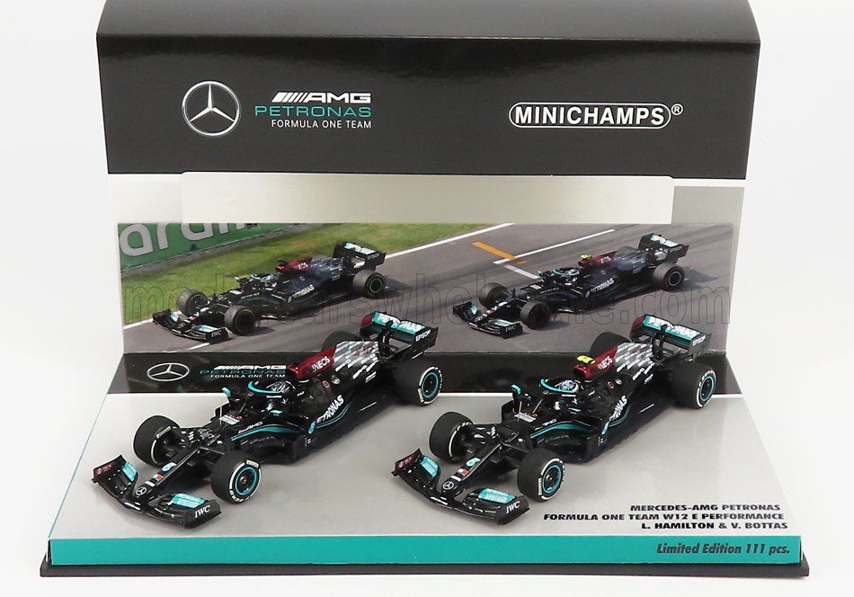 MINICHAMPS - MERCEDES GP - F1 SET 2X W12 MERCEDES M12 EQ POWER+ TEAM AMG PETRONAS MOTORSPORT FORMULA ONE N 44 SEASON 2021 LEWIS HAMILTON + N 77 SEASON GP 2021 VALTTERI BOTTAS