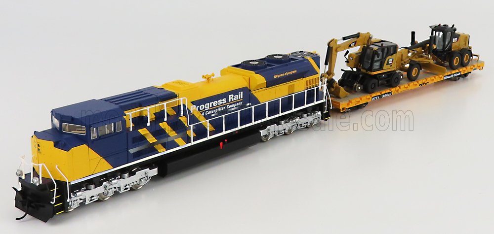 DM-MODELS - 1/87 - CATERPILLAR - HO - PROGRESS RAIL TRAIN SET - SD70ACE LOCOMOTIVE WITH TRAILER TRAIN + CAT12M3 RUSPA LIVELLATRICE GOMMATA - SCRAPER TRACTOR MOTOR GRADER - CATM323F ESCAVATORE GOMMATO SU ROTAIE FERROVIARIE  - YELLOW BLACK