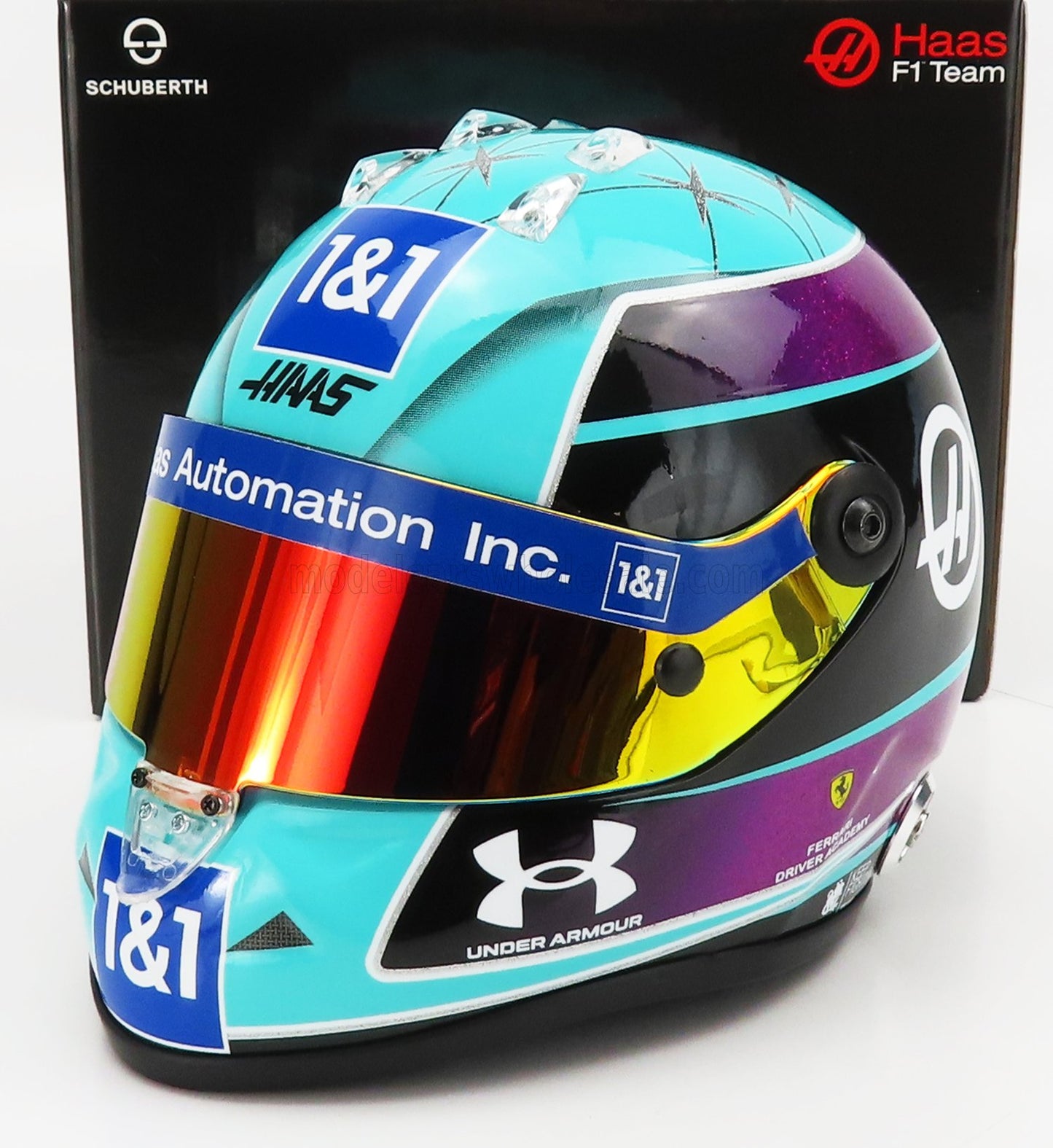 MINI HELMET - 1/2 - SCHUBERTH HELMET - F1 CASCO HELMET VF-22 TEAM HAAS N 47 MIAMI GP 2022 MICK SCHUMACHER - LIGHT BLUE BLACK