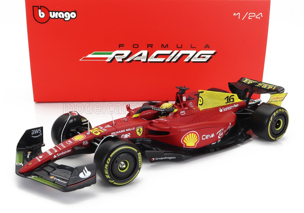 BURAGO - 1/24 - FERRARI - F1-75 SCUDERIA FERRARI N 16 2nd MONZA GP 2022  ITALY (POLE POSITION) CHARLES LECLERC - WITH PILOT AND SHOWCASE  - RED YELLOW