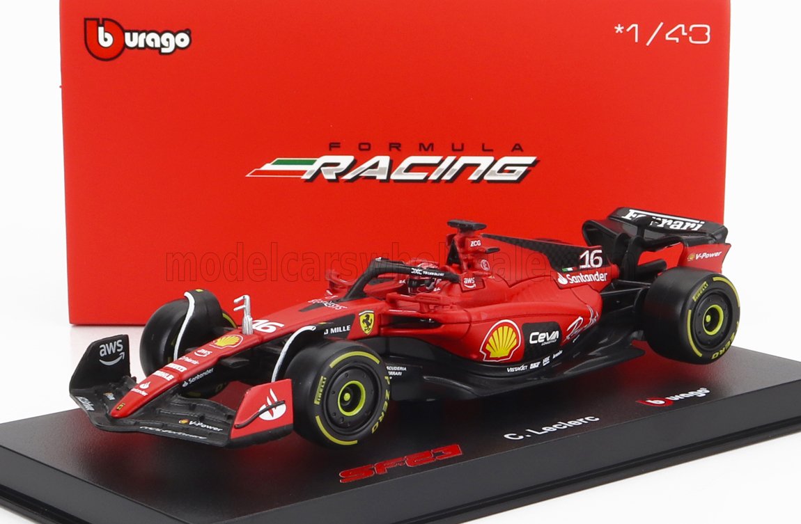 BURAGO - 1/43 - FERRARI - F1 SF-23 TEAM SCUDERIA FERRARI N 16 SEASON 2023 CHARLS LECLERC - WITH PILOT AND SHOWCASE - EXCLUSIVE CARMODEL - RED BLACK