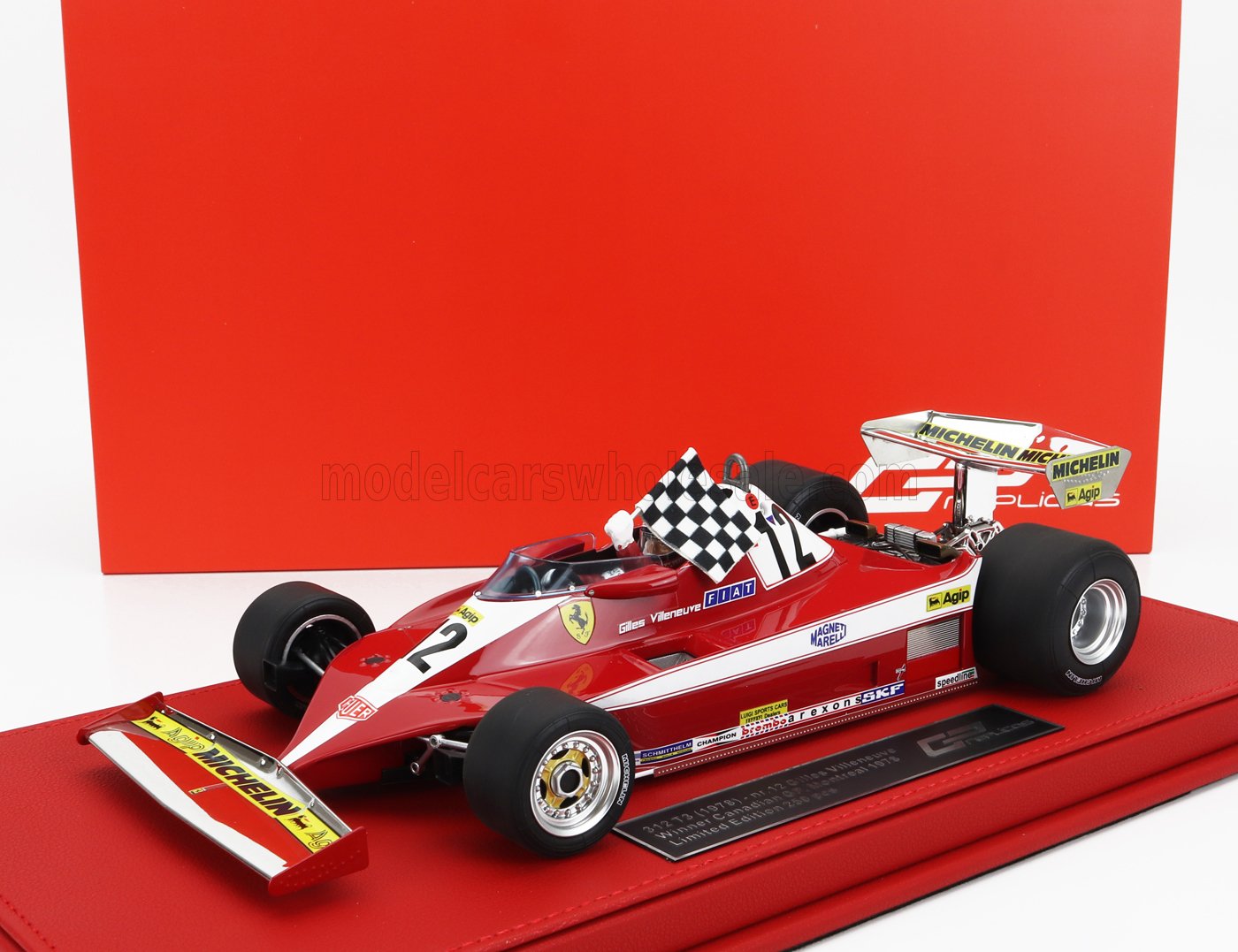 GP-REPLICAS - 1/18 - FERRARI - F1 312T3 N 12 WINNER CANADIAN MONTREAL GP (with pilot figure and flag) 1978 GILLES VILLENEUVE - RED