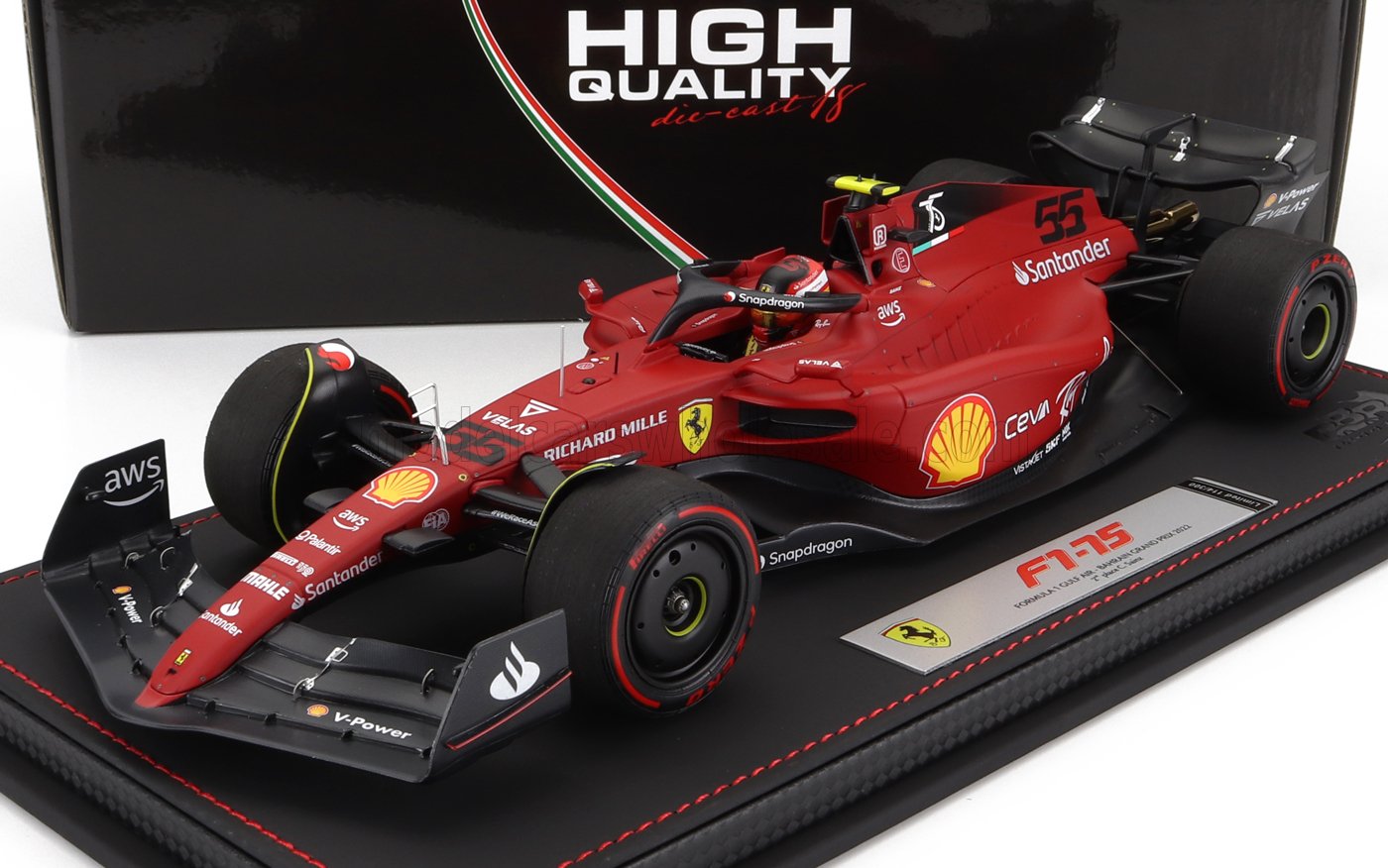 BBR-MODELS - 1/18 - FERRARI - F1-75 TEAM SCUDERIA FERRARI N 55 2nd BAHRAIN GP 2022 CARLOS SAINZ - CON VETRINA - WITH SHOWCASE - RED