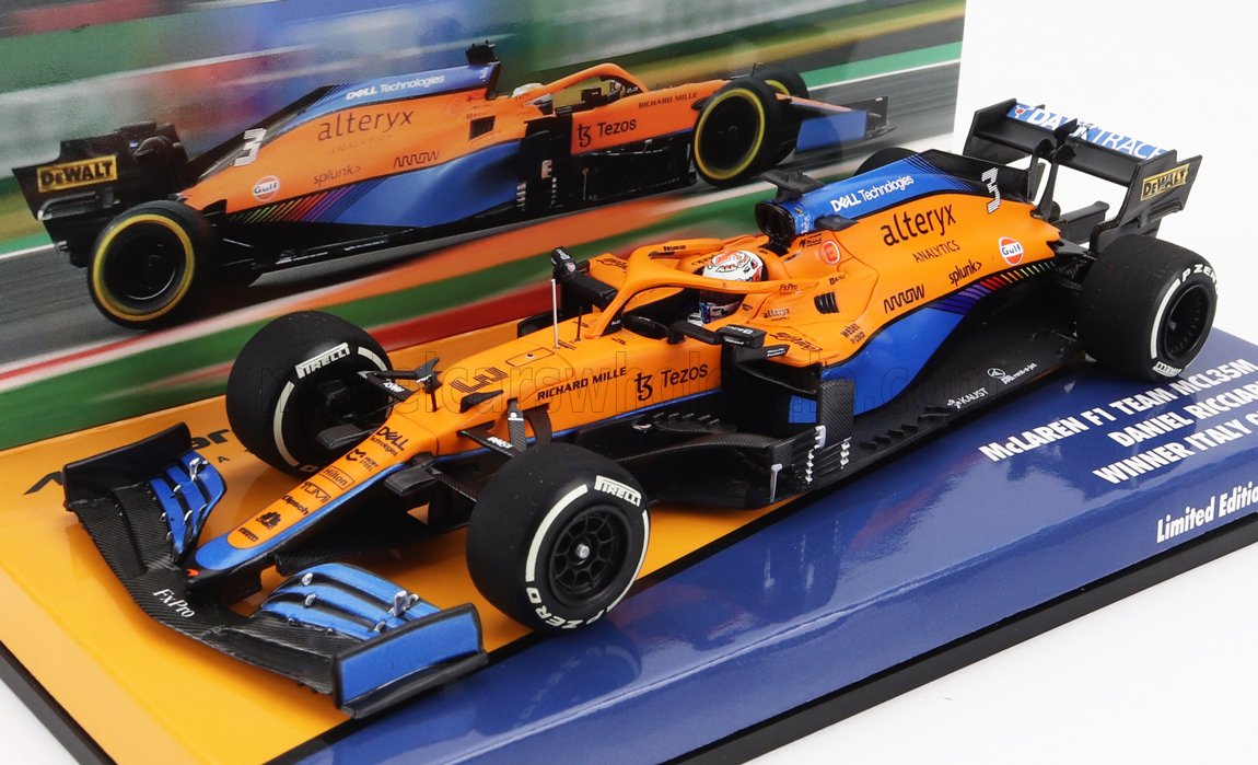 MINICHAMPS - 1/43 - McLAREN - F1 MCL35L MERCEDES M12 EQ POWER+ TEAM MCLAREN N 3 WINNER MONZA ITALY GP 2021 DANIEL RICCIARDO - ORANGE LIGHT BLUE