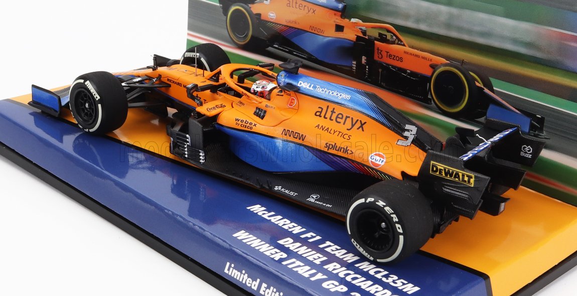 MINICHAMPS - 1/43 - McLAREN - F1 MCL35L MERCEDES M12 EQ POWER+ TEAM MCLAREN N 3 WINNER MONZA ITALY GP 2021 DANIEL RICCIARDO - ORANGE LIGHT BLUE