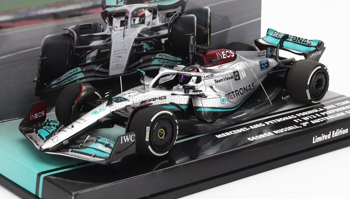 MINICHAMPS - 1/43 - MERCEDES GP - F1 W13E TEAM MERCEDES-AMG PETRONAS F1 N 63 3rd AUSTRALIAN GP 2022 GEORGE RUSSEL - SILVER GREEN