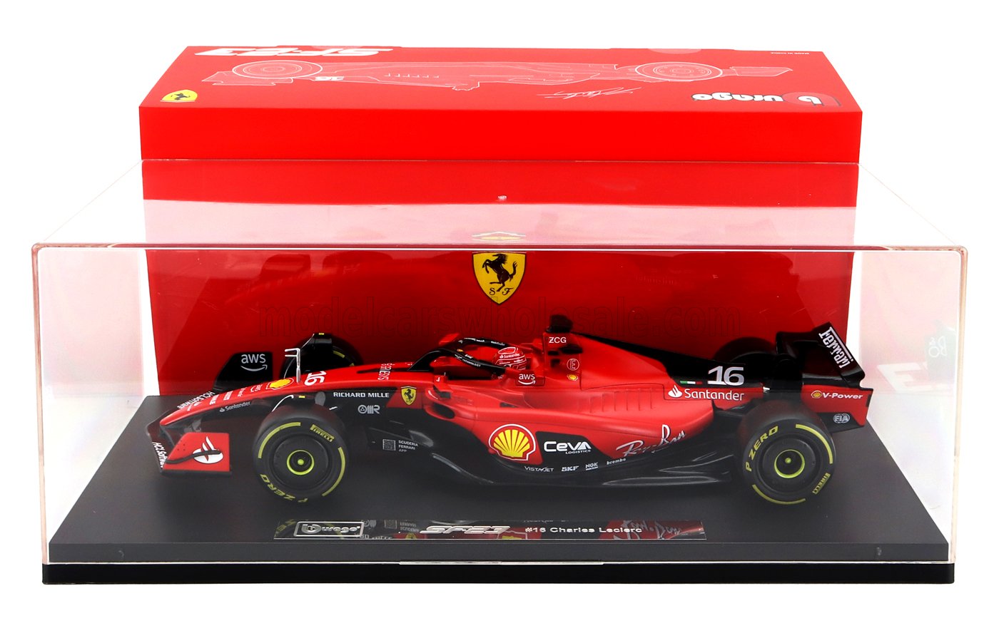 BURAGO - 1/18 - FERRARI - F1 SF-23 TEAM SCUDERIA FERRARI N 16 SEASON 2023 CHARLES LECLERC - CON VETRINA - WITH SHOWCASE RED BLACK