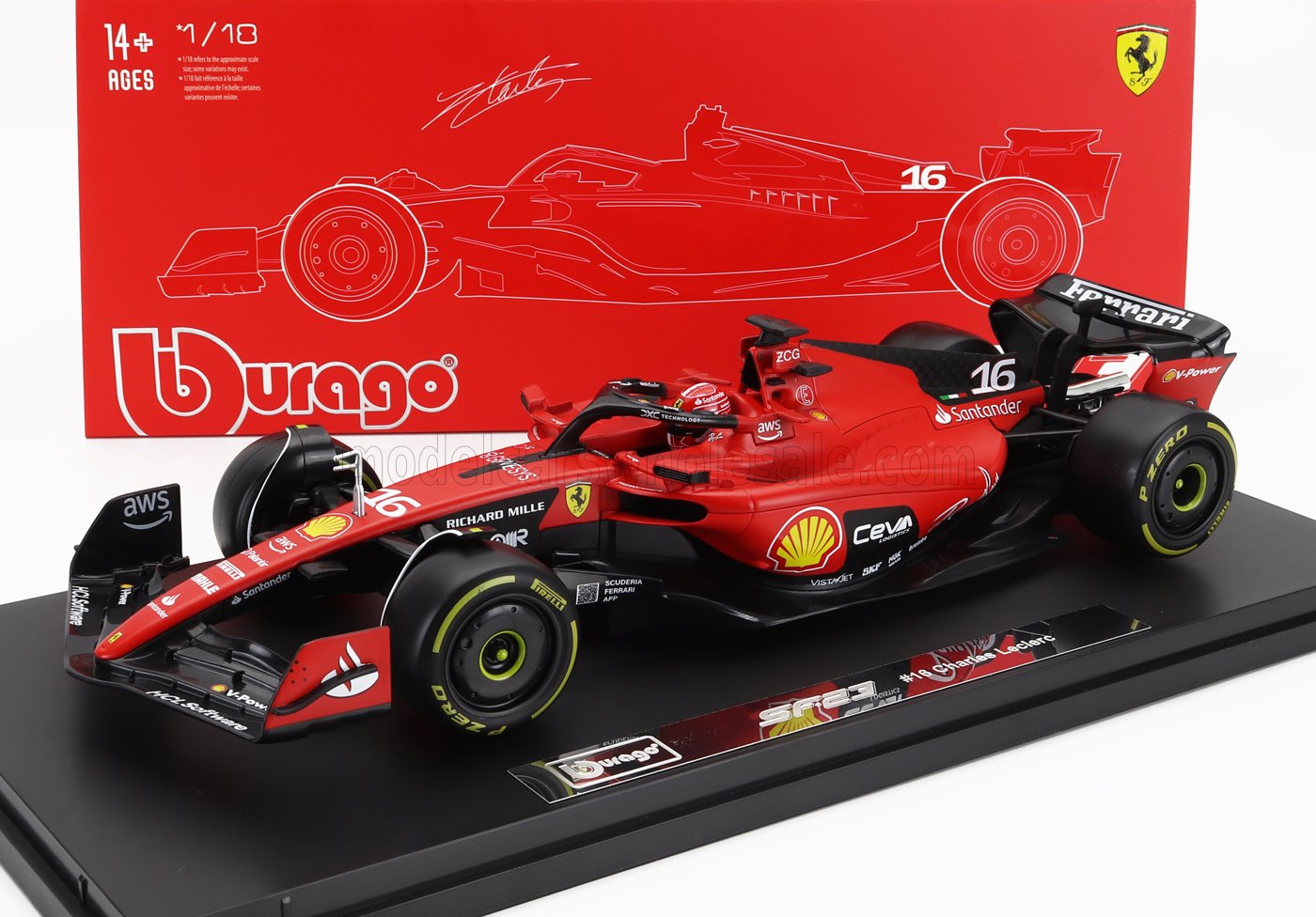 BURAGO - 1/18 - FERRARI - F1 SF-23 TEAM SCUDERIA FERRARI N 16 SEASON 2023 CHARLES LECLERC - CON VETRINA - WITH SHOWCASE RED BLACK