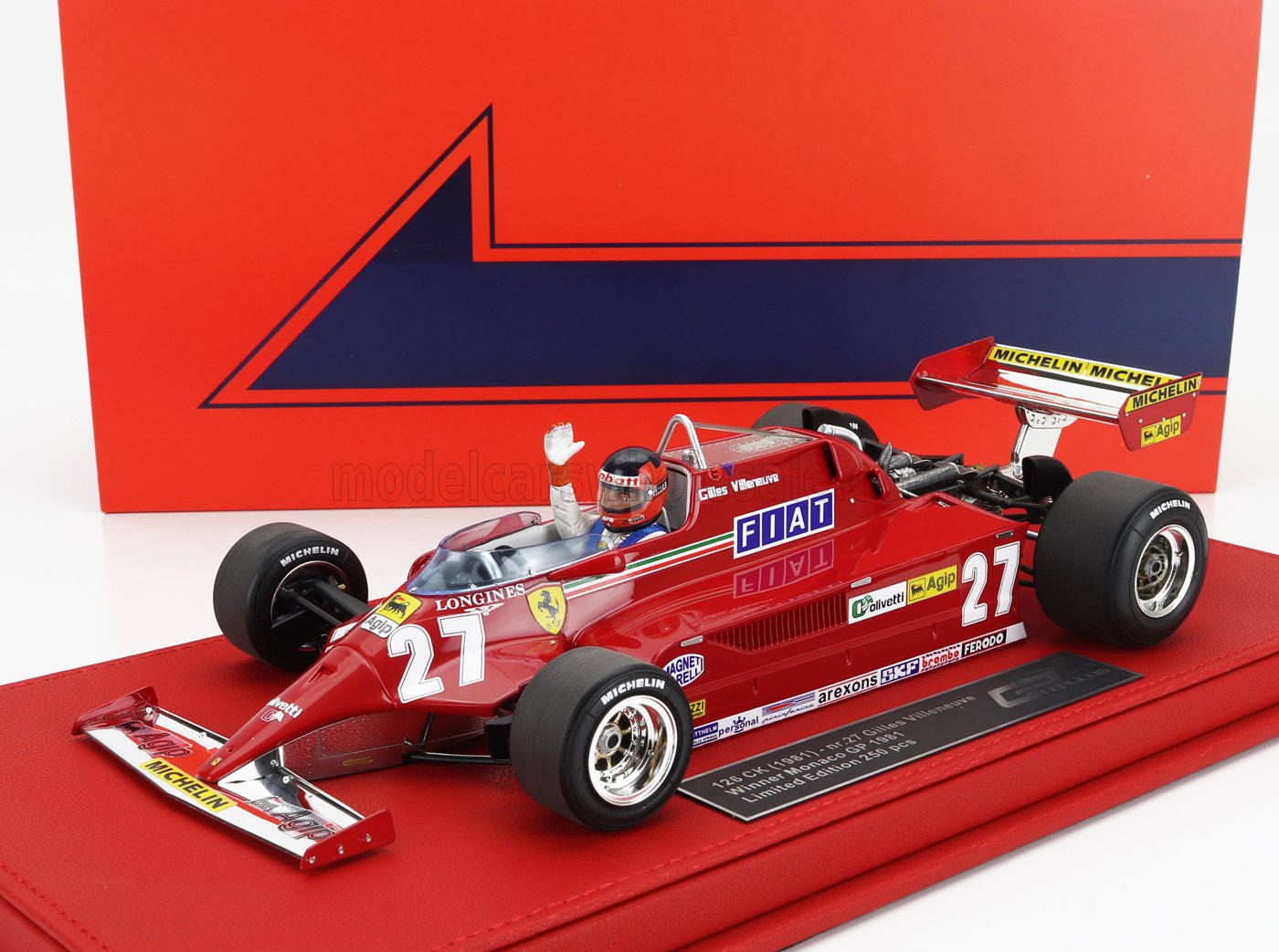 GP-REPLICAS - 1/18 - FERRARI - F1 126CK N 27 WINNER MONACO GP (with pilot figure) 1981 G.VILLENEUVE - CON VETRINA - WITH SHOWCASE - RED