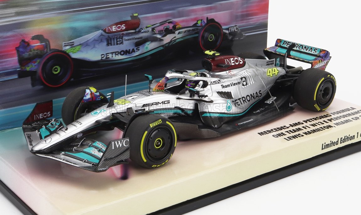 MINICHAMPS - 1/43 - MERCEDES GP - F1 W13E TEAM MERCEDES-AMG PETRONAS F1 N 44 6th MIAMI GP 2022 LEWIS HAMILTON - SILVER GREEN