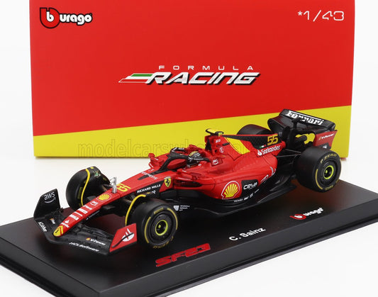 BURAGO - 1/43 - FERRARI - F1 SF-23 TEAM SCUDERIA FERRARI N 55 POLE POSITION 3rd MONZA ITALY GP 2023 CARLOS SAINZ - WITH PILOT AND SHOWCASE - RED BLACK YELLOW