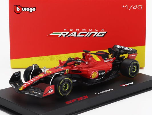 BURAGO - 1/43 - FERRARI - F1 SF-23 TEAM SCUDERIA FERRARI N 16 4th MONZA ITALY GP 2023 CHARLES LECLERC - WITH PILOT AND SHOWCASE - RED BLACK YELLOW