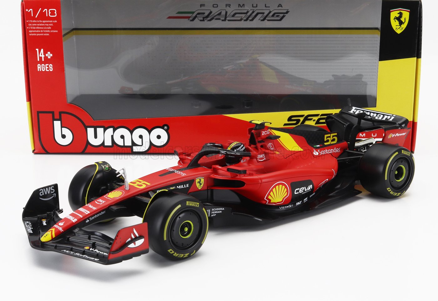 BURAGO - 1/18 - FERRARI - F1 SF-23 TEAM SCUDERIA FERRARI N 55 POLE POSITION 3rd MONZA ITALY GP 2023 CARLOS SAINZ - RED BLACK YELLOW