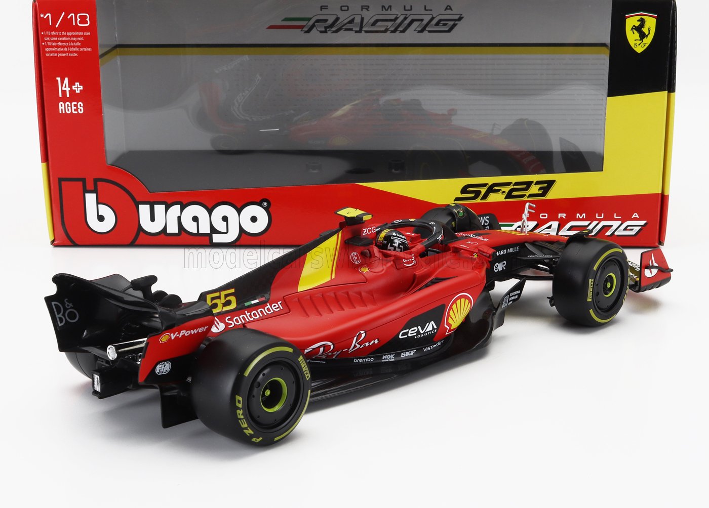 BURAGO - 1/18 - FERRARI - F1 SF-23 TEAM SCUDERIA FERRARI N 55 POLE POSITION 3rd MONZA ITALY GP 2023 CARLOS SAINZ - RED BLACK YELLOW