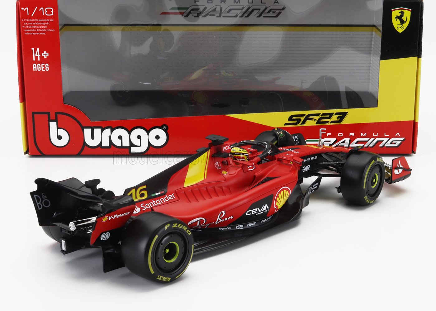 BURAGO - 1/18 - FERRARI - F1 SF-23 TEAM SCUDERIA FERRARI N 16 4th MONZA ITALY GP 2023 CHARLES LECLERC - RED BLACK YELLOW