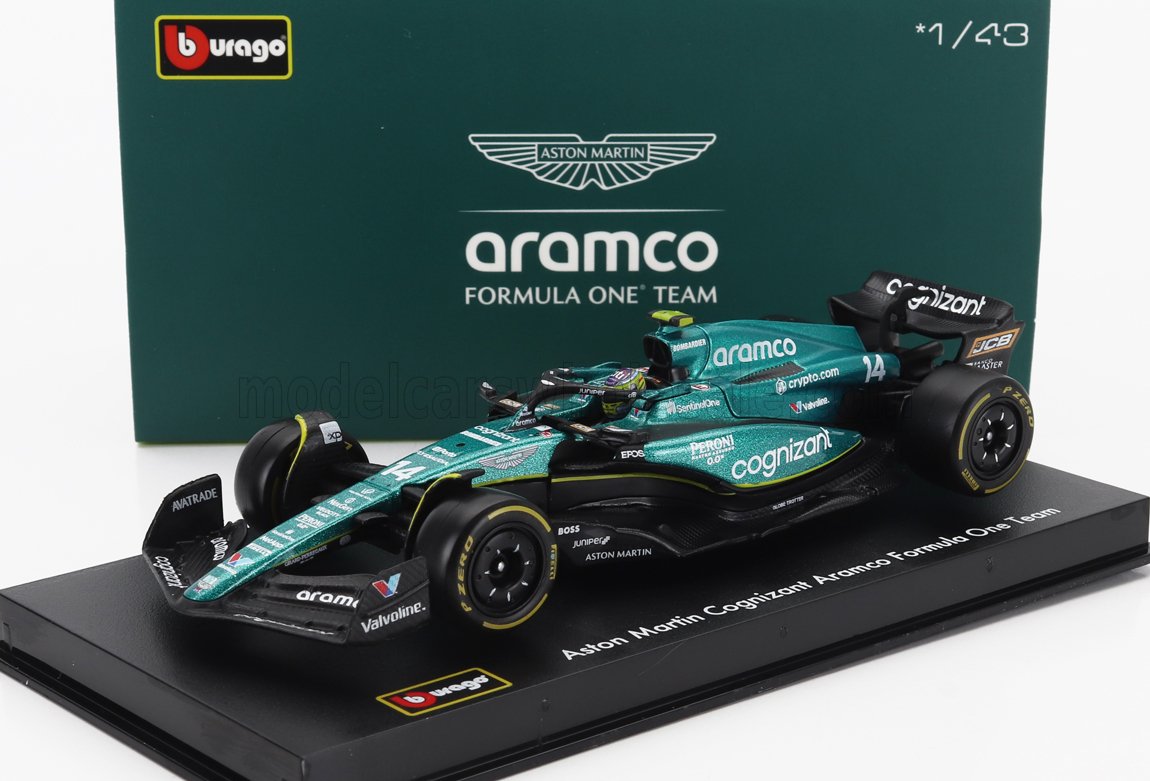 BURAGO - 1/43 - ASTON MARTIN - F1 AMR23 TEAM ARAMCO COGNIZANT N 14 SEASON 2023 FERNANDO ALONSO - WITH PILOT AND SHOWCASE - GREEN