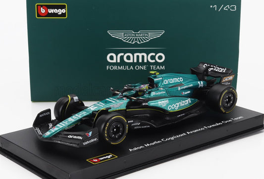 BURAGO - 1/43 - ASTON MARTIN - F1 AMR23 TEAM ARAMCO COGNIZANT N 14 SEASON 2023 FERNANDO ALONSO - WITH PILOT AND SHOWCASE - GREEN