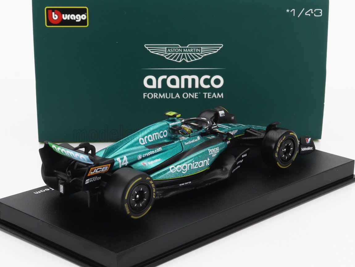 BURAGO - 1/43 - ASTON MARTIN - F1 AMR23 TEAM ARAMCO COGNIZANT N 14 SEASON 2023 FERNANDO ALONSO - WITH PILOT AND SHOWCASE - GREEN