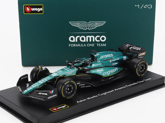 BURAGO - 1/43 - ASTON MARTIN - F1 AMR23 TEAM ARAMCO COGNIZANT N 18 SEASON 2023 LANCE STROLL - WITH PILOT AND SHOWCASE - GREEN