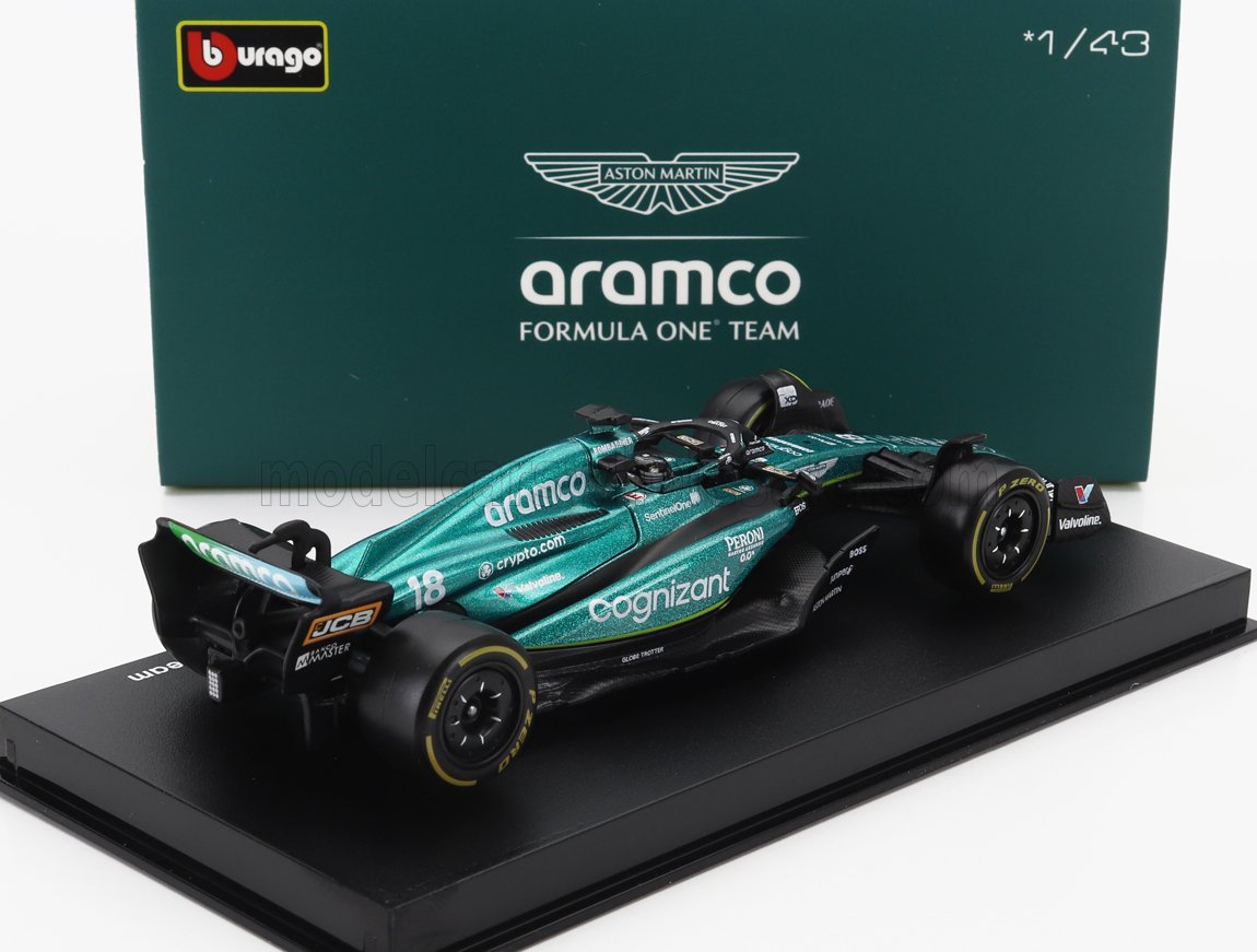 BURAGO - 1/43 - ASTON MARTIN - F1 AMR23 TEAM ARAMCO COGNIZANT N 18 SEASON 2023 LANCE STROLL - WITH PILOT AND SHOWCASE - GREEN