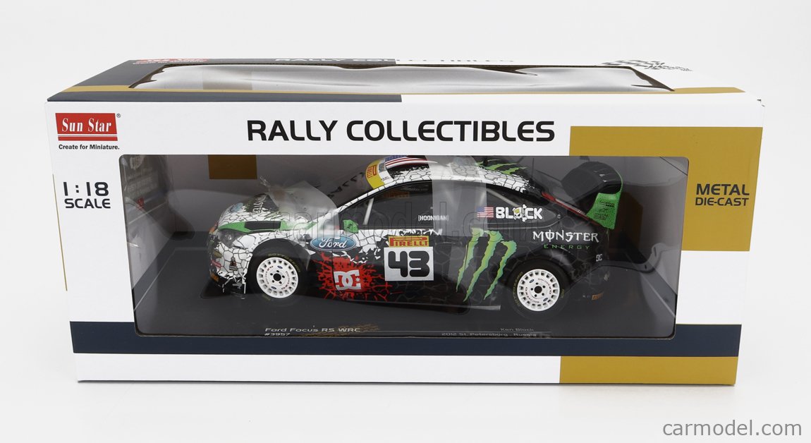 SUN-STAR - 1/18 - FORD ENGLAND - FOCUS RS WRC06 MONSTER N 43 RALLY ST. PETERSBURG RUSSIAN 2012 KEN BLOCK - BLACK WHITE GREEN