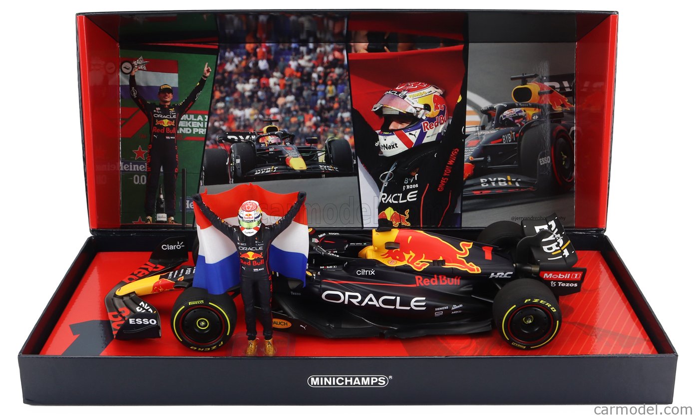 MINICHAMPS - 1/18 - RED BULL - F1 RB18 TEAM ORACLE RED BULL RACING N 1 WORLD CHAMPION WINNER ZANDVOORT DUTCH GP 2022 WITH FLAG AND FIGURE MAX VERSTAPPEN - MATT BLUE YELLOW RED