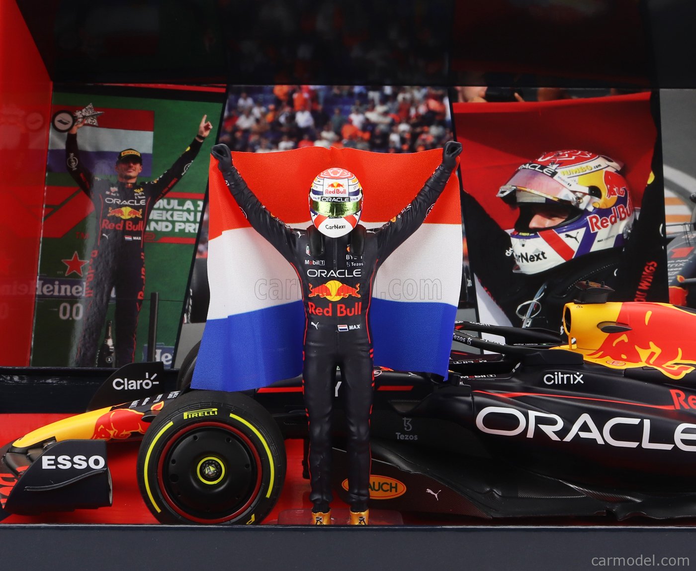 MINICHAMPS - 1/18 - RED BULL - F1 RB18 TEAM ORACLE RED BULL RACING N 1 WORLD CHAMPION WINNER ZANDVOORT DUTCH GP 2022 WITH FLAG AND FIGURE MAX VERSTAPPEN - MATT BLUE YELLOW RED