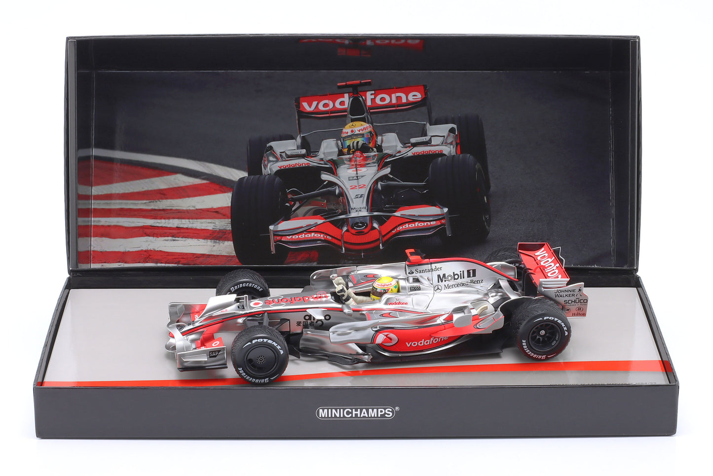 MINICHAMPS - 1/18 - McLAREN - F1 MP4/23 TEAM VODAFONE McLAREN MERCEDES N 22 WORLD CHAMPION BRAZILIAN GP WITH RAIN TIRES 2008 LEWIS HAMILTON - SILVER RED