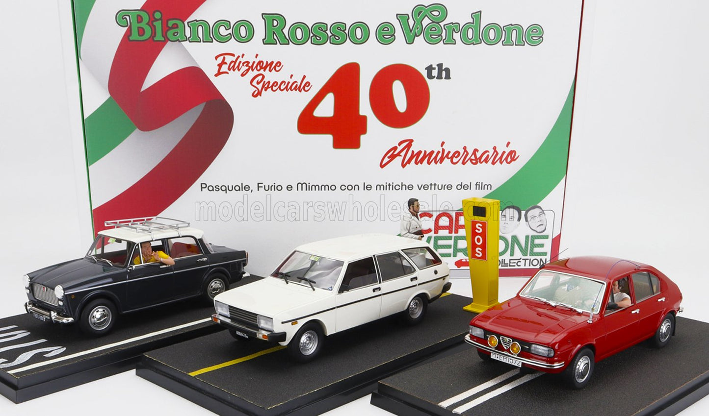 CLC-MODELS - FIAT - SET 3X CARLO VERDONE BIANCO ROSSO E VERDONE MOVIE WITH GADGET - 131 PANORAMA SW 1981 WITH FURIO ZOCCANO FIGURE AND SOS YELLOW COLUMN + 1100D WITH MIMMO FIGURE 1981 + ALFASUD WITH PASQUALE AMITRANO FIGURE 1981