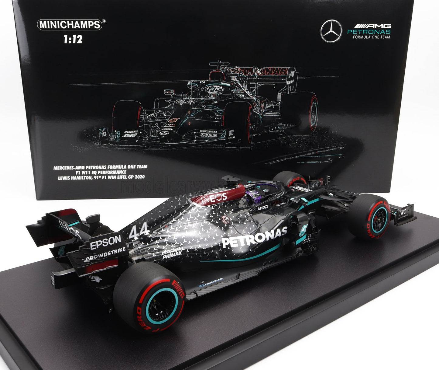 MINICHAMPS - MERCEDES GP - F1 W11 EQ PERFORMANCE TEAM AMG PETRONAS MOTORSPORT N 44 WORLD CHAMPION WINNER EIFEL GP (91st WIN) LEWIS HAMILTON 2020 - WITH MICHAEL SCHUMACHER HELMET AND PIT BOARD - CON VETRINA - WITH SHOWCASE