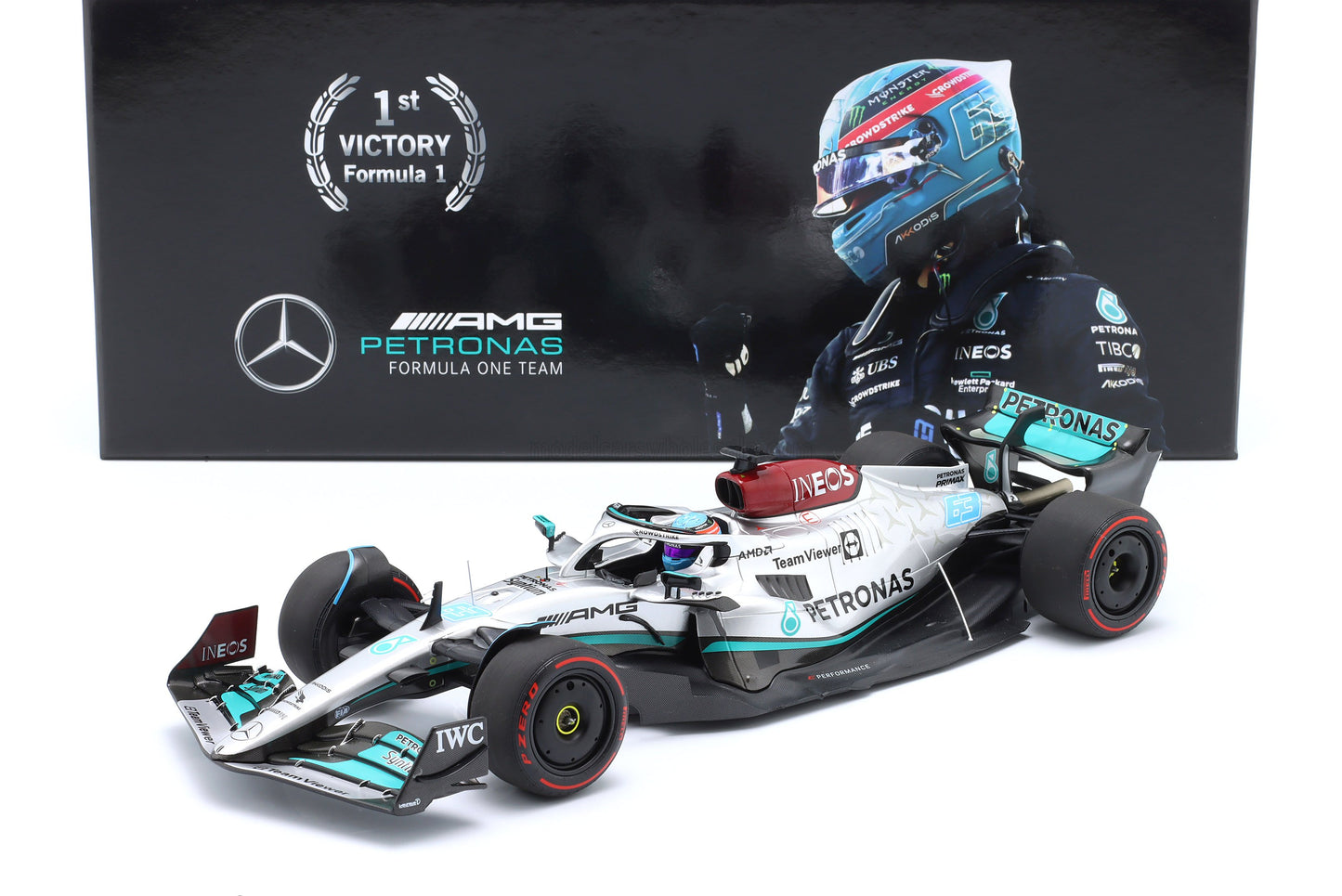 MINICHAMPS - 1/18 - MERCEDES GP - F1 W13E TEAM MERCEDES-AMG PETRONAS F1 N 63 WINNER BRAZILIAN GP 2022 GEORGE RUSSEL - SILVER GREEN