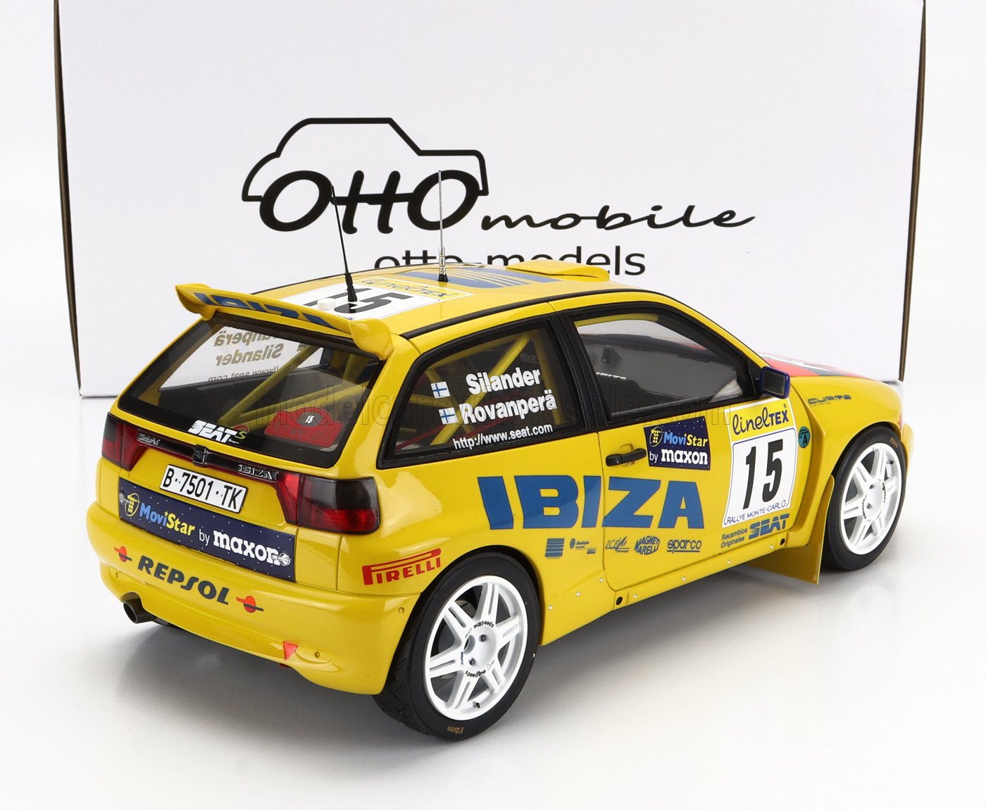 OTTO-MOBILE - 1/18 - SEAT - IBIZA GTi 16V EVO2 TEAM REPSOL N 15 RALLY MONTECARLO 1998 HARRI ROVANPERA - VOITTO SILANDER - YELLOW