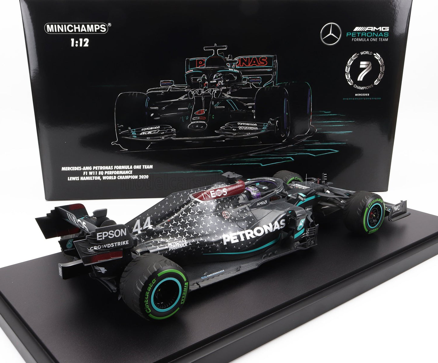 MINICHAMPS - MERCEDES GP - F1 W11 EQ PERFORMANCE TEAM AMG PETRONAS MOTORSPORT N 44 (WITH RAIN TYRES - 7 TIMES WORLD CHAMPION) WINNER TURKISH GP 2020 (WITH PIT BOARD) LEWIS HAMILTON - CON VETRINA - WITH SHOWCASE