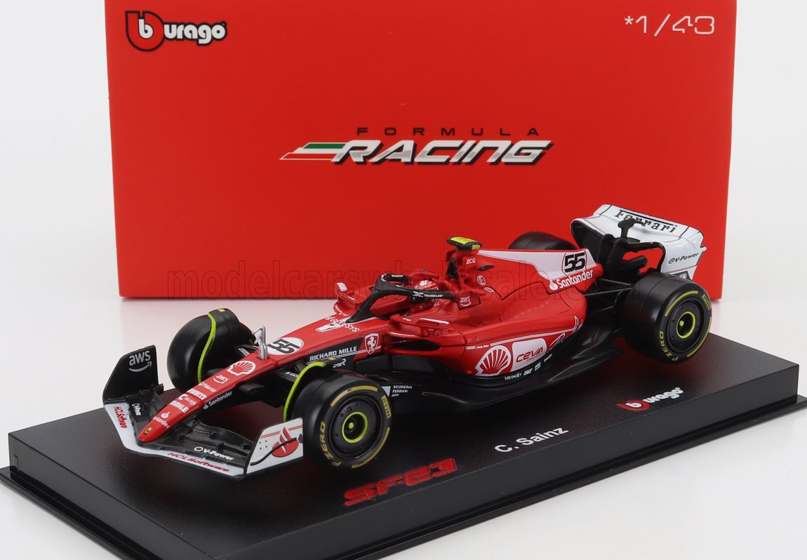 BURAGO - 1/43 - FERRARI - v - WITH PILOT AND SHOWCASE - RED WHITE BLACK