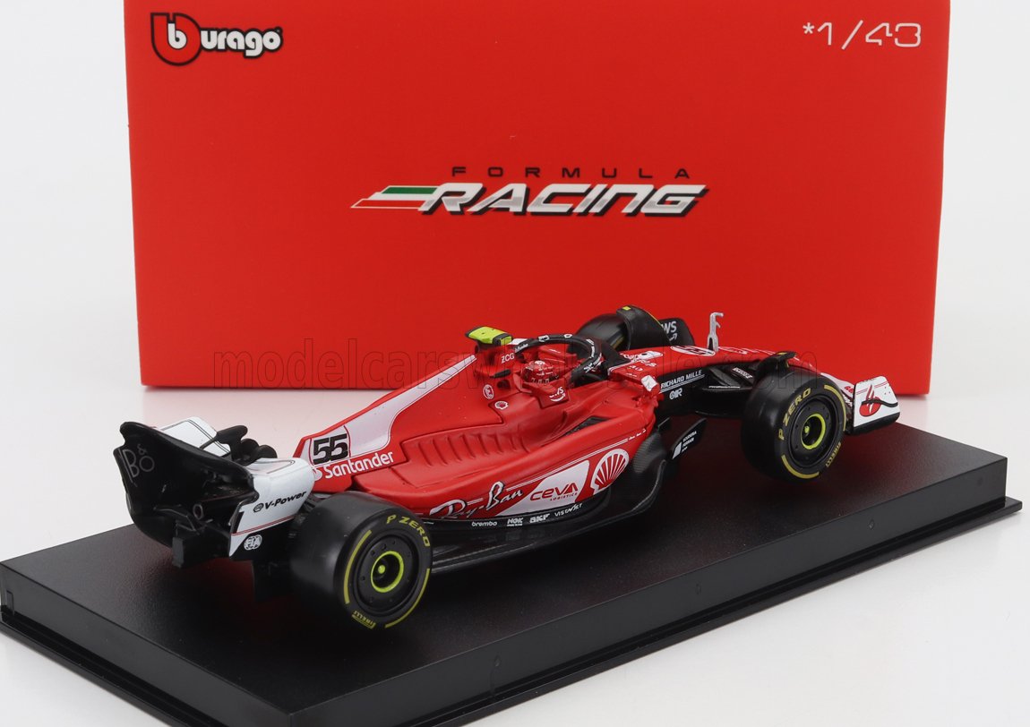 BURAGO - 1/43 - FERRARI - v - WITH PILOT AND SHOWCASE - RED WHITE BLACK