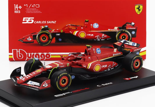 BURAGO - 1/43 - FERRARI - F1 SF-24 TEAM SCUDERIA FERRARI N 55 5th EMILIA ROMAGNA IMOLA GP 2024 CARLOS SAINZ - WITH PILOT AND SHOWCASE - RED BLACK