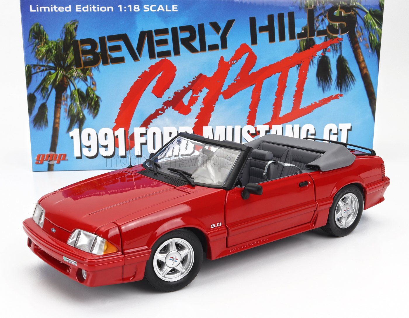 GMP - 1/18 - FORD USA - MUSTANG GT CABRIOLET 1991 - BEVERLY HILLS COP III AXEL FOLEY - RED WHITE