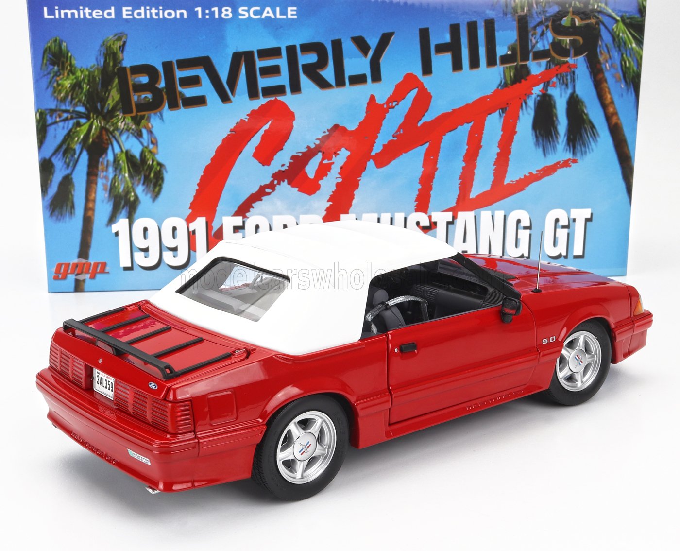 GMP - 1/18 - FORD USA - MUSTANG GT CABRIOLET 1991 - BEVERLY HILLS COP III AXEL FOLEY - RED WHITE