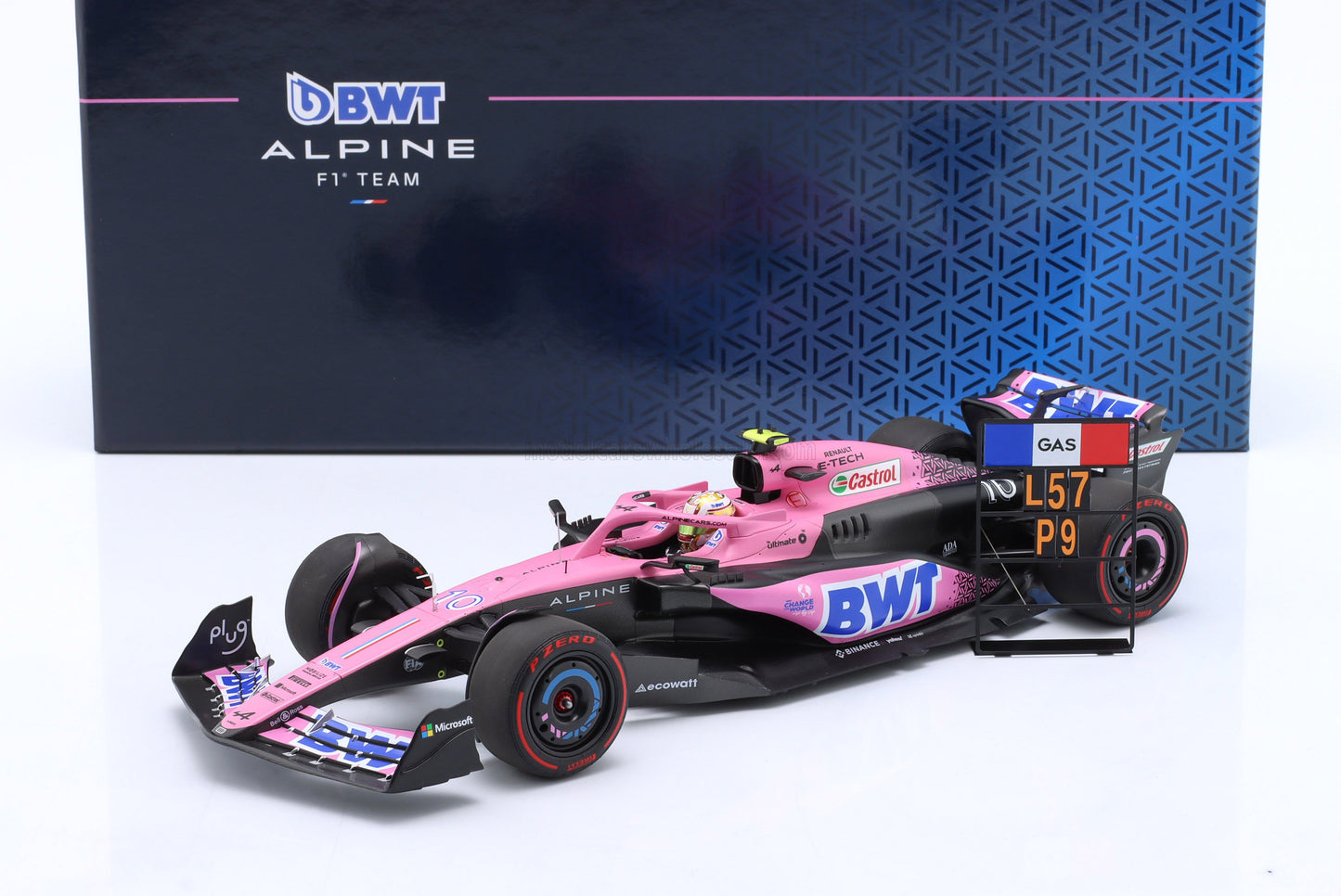 MINICHAMPS - 1/18 - RENAULT - F1 A523 TEAM BWT ALPINE N 10 9th BAHRAIN GP WITH PIT BOARD 2023 PIERRE GASLY - PINK BLACK BLUE