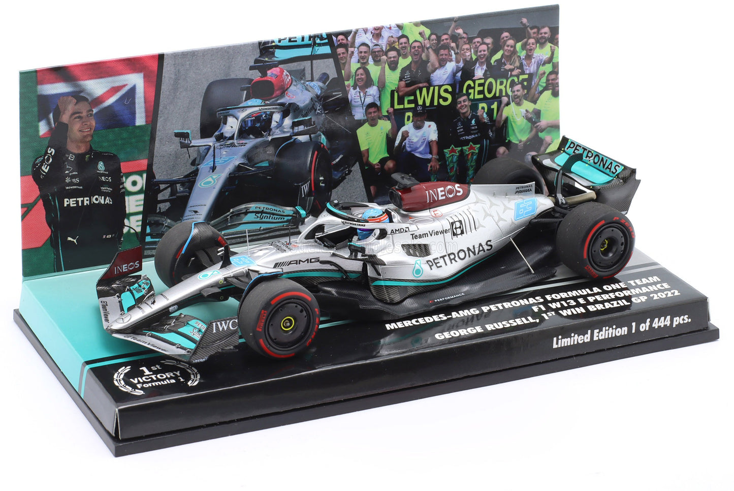 MINICHAMPS - MERCEDES GP - F1 W13E TEAM MERCEDES-AMG PETRONAS F1 N 63 (first f1 win) WINNER BRAZILIAN GP 2022 GEORGE RUSSEL