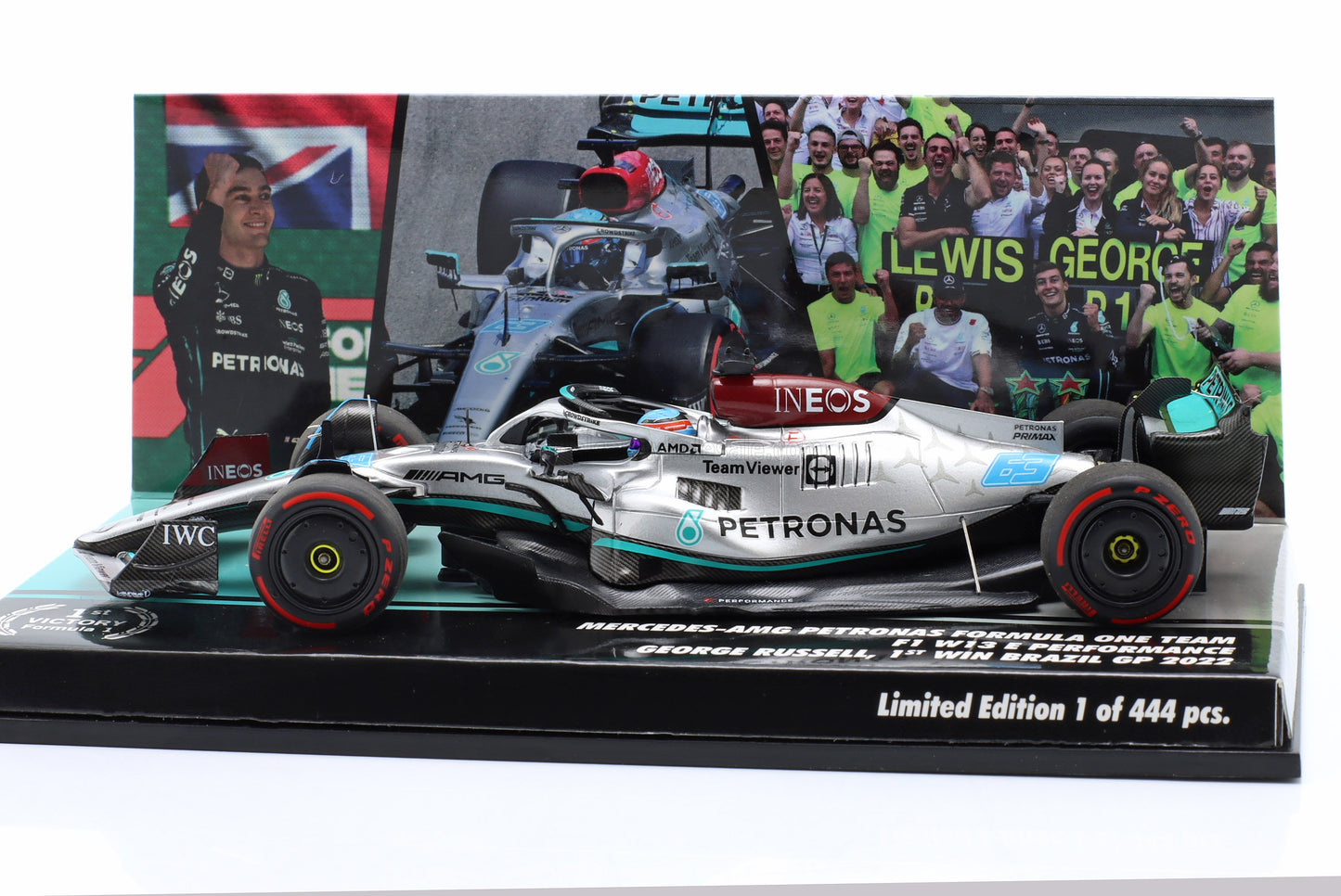 MINICHAMPS - MERCEDES GP - F1 W13E TEAM MERCEDES-AMG PETRONAS F1 N 63 (first f1 win) WINNER BRAZILIAN GP 2022 GEORGE RUSSEL