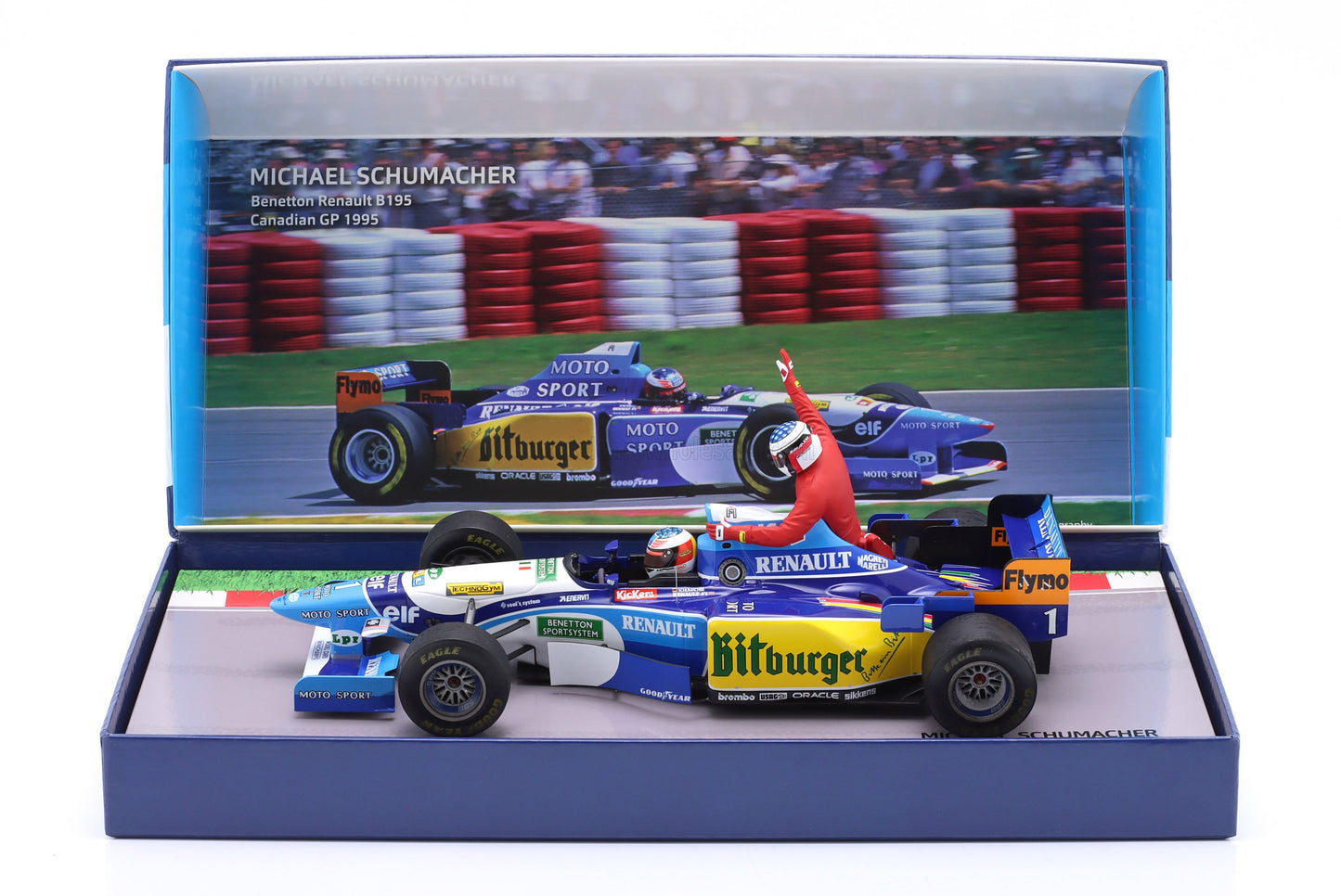 MINICHAMPS - 1/18 - BENETTON - F1 B195 TEAM MILD SEVEN RENAULT N 1 WORLD CHAMPION 5th CANADA GP 1995 MICHAEL SCHUMACHER AND JEAN ALESI TAXI RIDE FIGURES - BLUE YELLOW