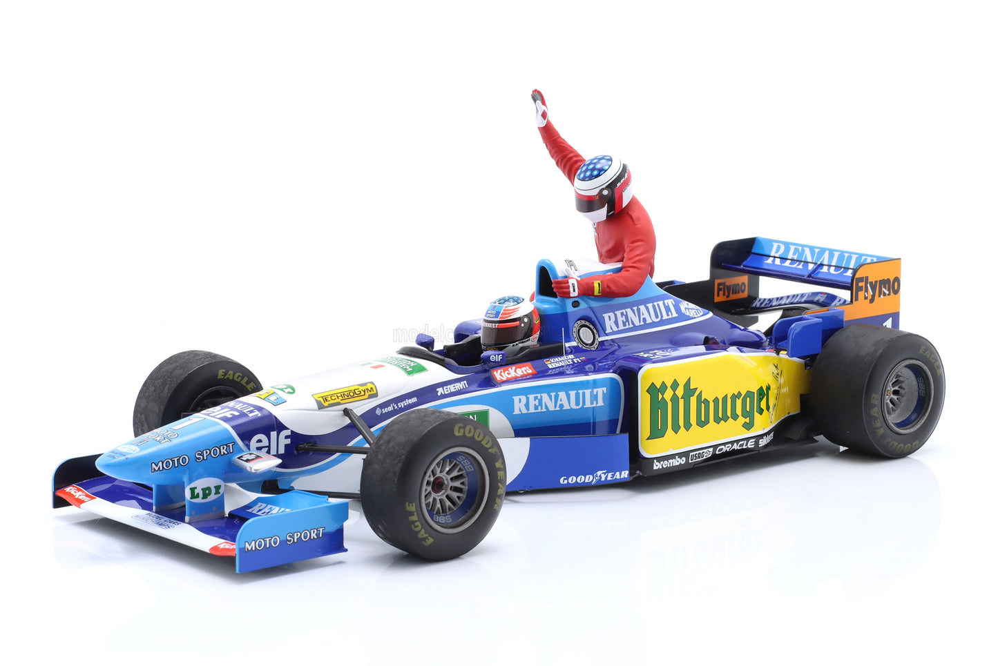 MINICHAMPS - 1/18 - BENETTON - F1 B195 TEAM MILD SEVEN RENAULT N 1 WORLD CHAMPION 5th CANADA GP 1995 MICHAEL SCHUMACHER AND JEAN ALESI TAXI RIDE FIGURES - BLUE YELLOW